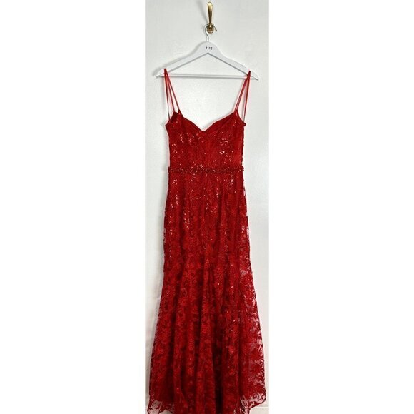 MAC DUGGAL Embroidered Illusion Bodice Sleeveless Trumpet Gown in Red Size US 4 - Picture 5 of 8